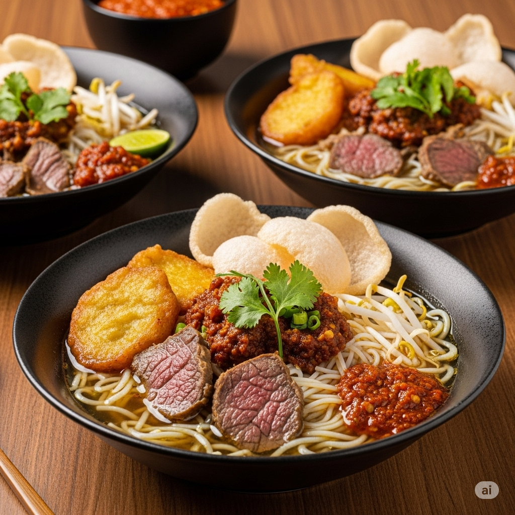 Soto ayam dengan bumbu instan, dihias dengan perkedel dan kerupuk udang untuk tampilan menarik.