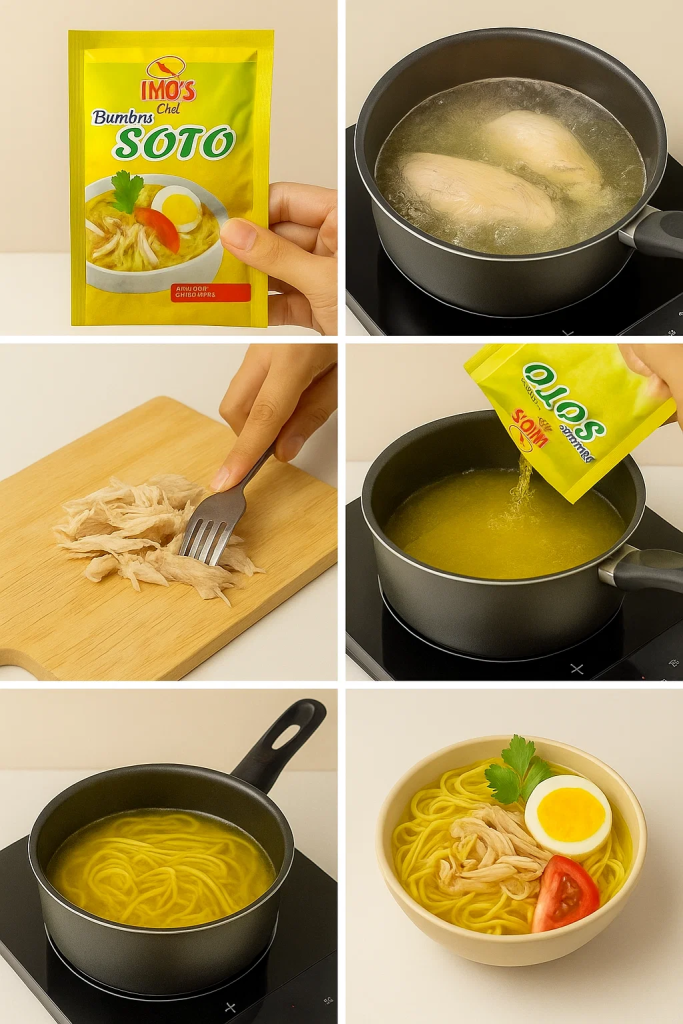 Proses memasak soto ayam dengan Bumbu Soto Instan Imo's Chef, menampilkan langkah menumis dan penyajian.